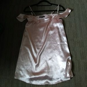 Baby Pink Glossy Off-the-Shoulder Shift Dress